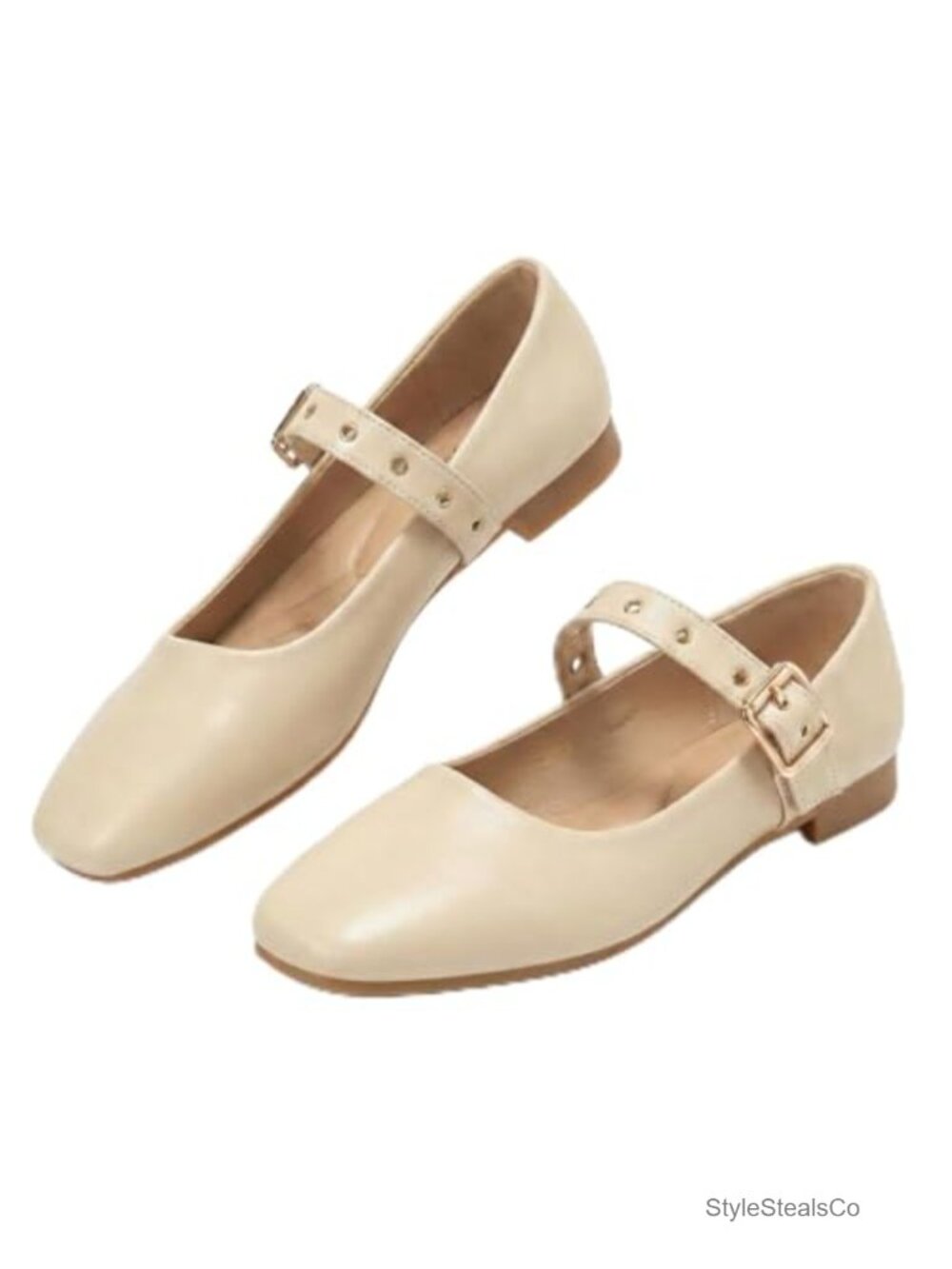 Mary Jane Shoes Women Square Toe Ballet Flats with Gold Buckle